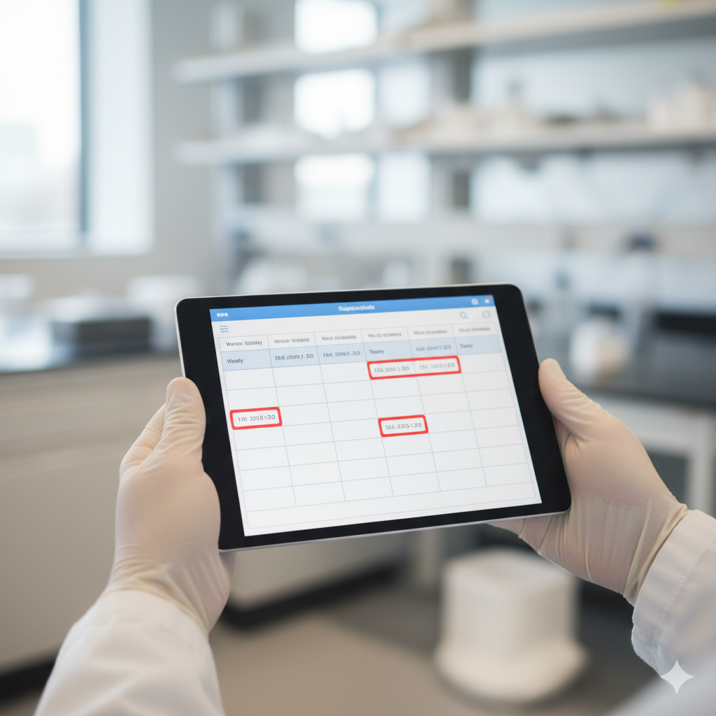 Lab technician viewing scheduling calendar on tablet showing equipment bookings